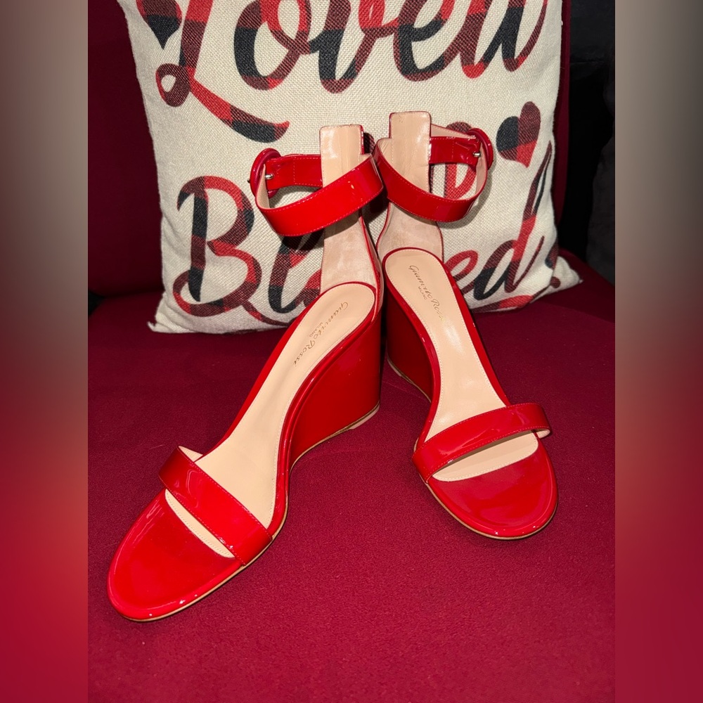 Gianvito Rossi Rare Red Patent Wedge Sandals with Ankle Strap Detail